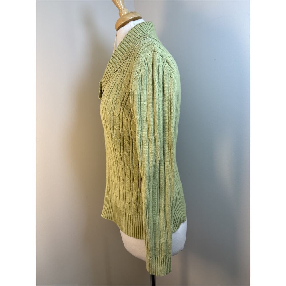 Liz Claiborne Cable Knit 100% Cotton Sweater Sage M Butter Mom Shawl Collar - Picture 2 of 12